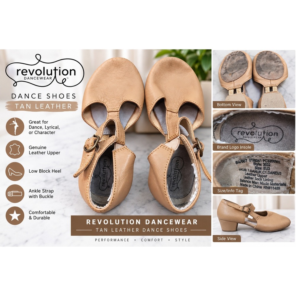 Revolution Dancewear Tan Leather T-Strap Character Dance Shoes Style 3032 Sz 1M